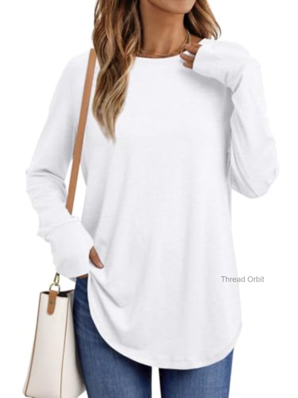 Womens Tunic Top Long Sleeve Crew Neck Loose Fit Shirt with Thumb Holes